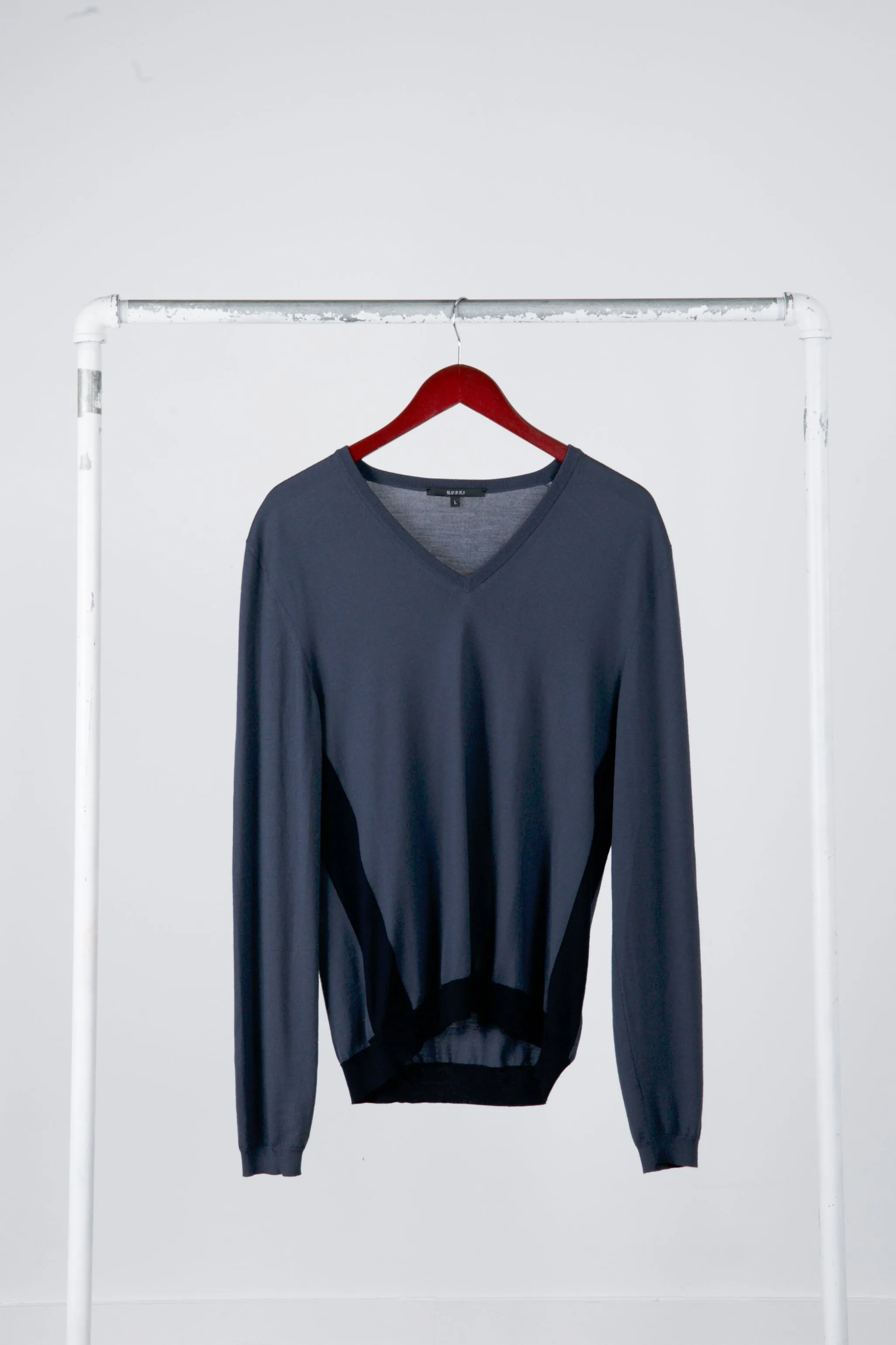 2000's Gucci 'Classic Logo Contrast Trim' V-Neck Sweater Navy