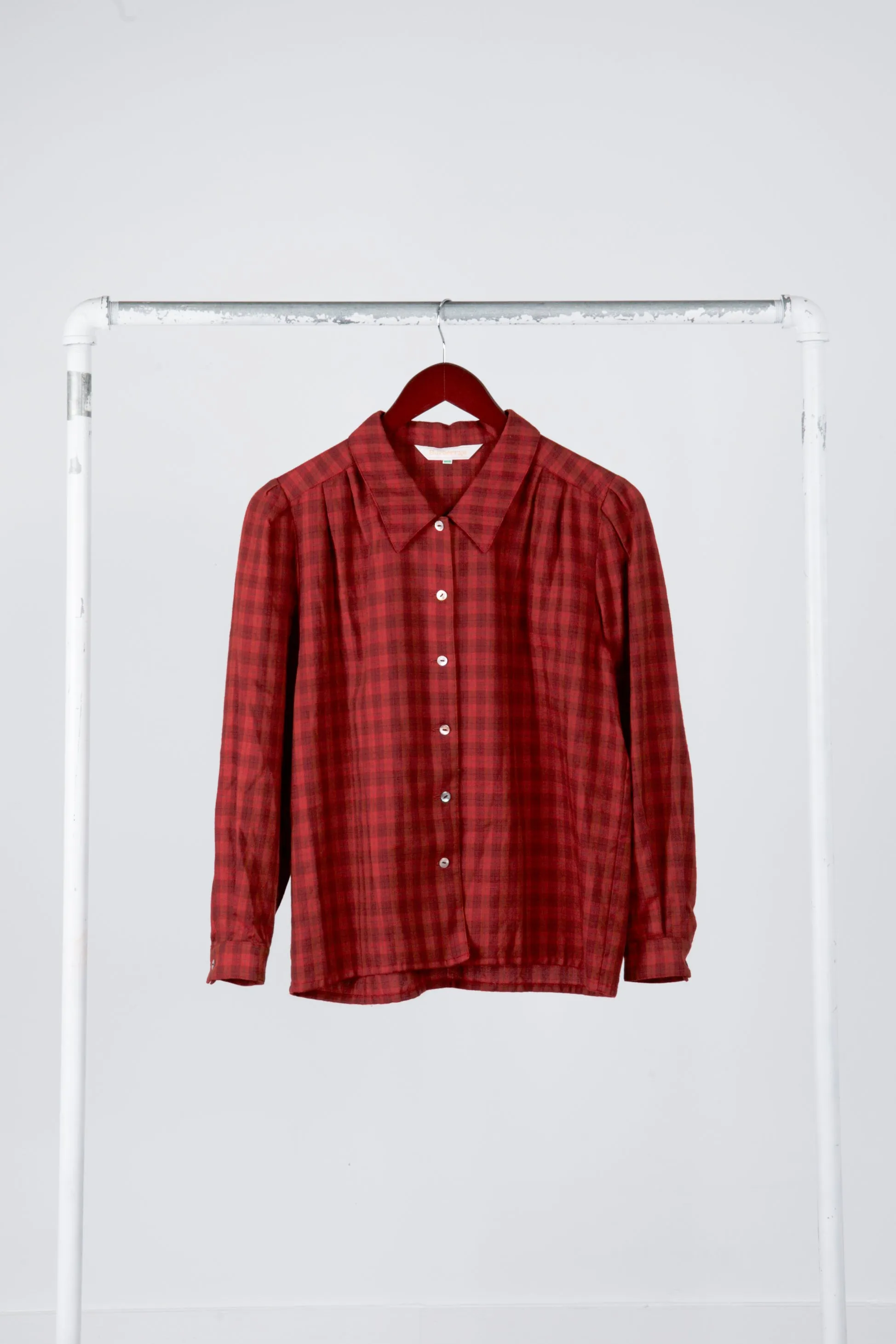80's Burberrys Womens 'Windowpane Plaid' Wool L/S Shirt Red