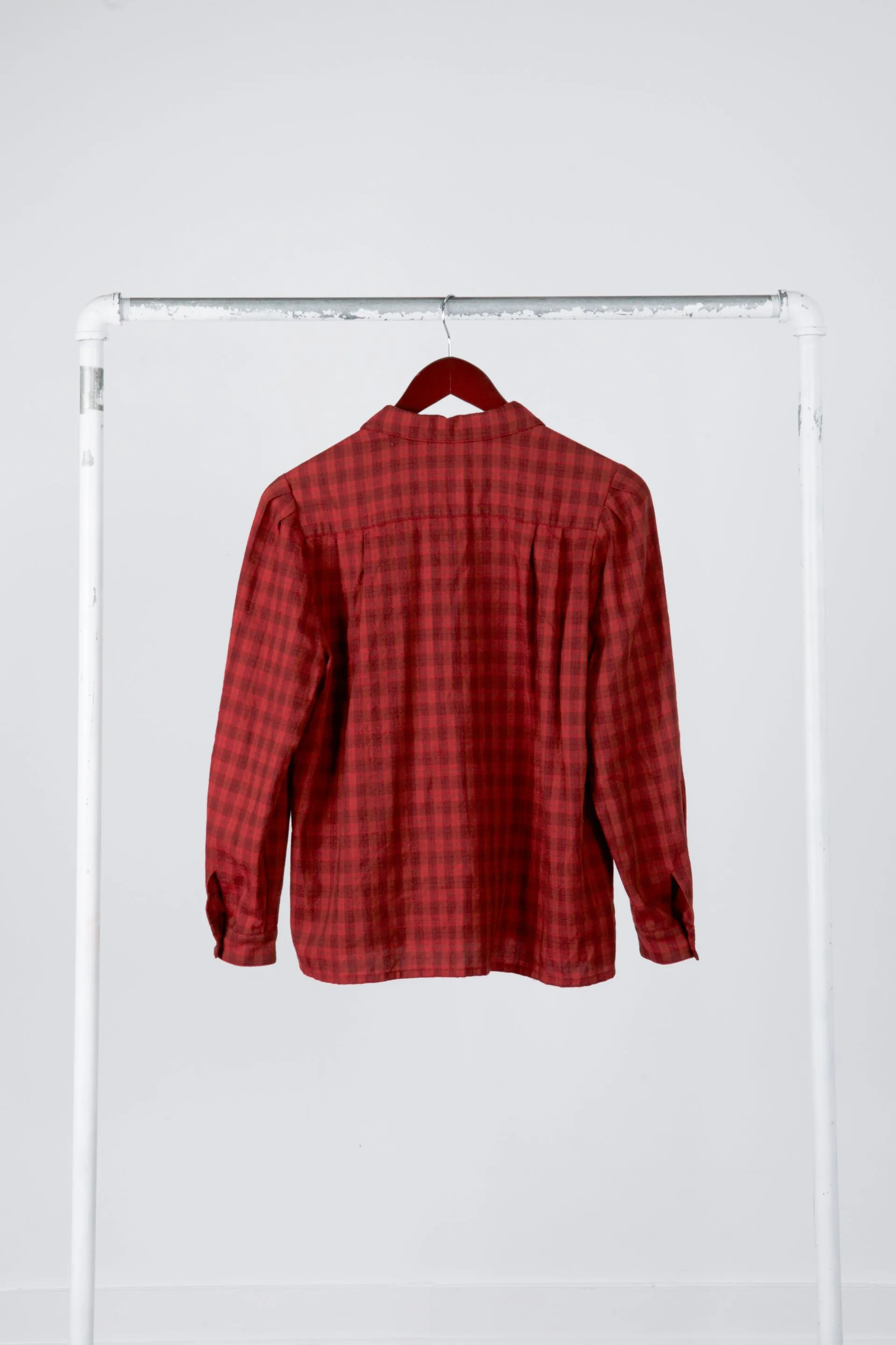 80's Burberrys Womens 'Windowpane Plaid' Wool L/S Shirt Red