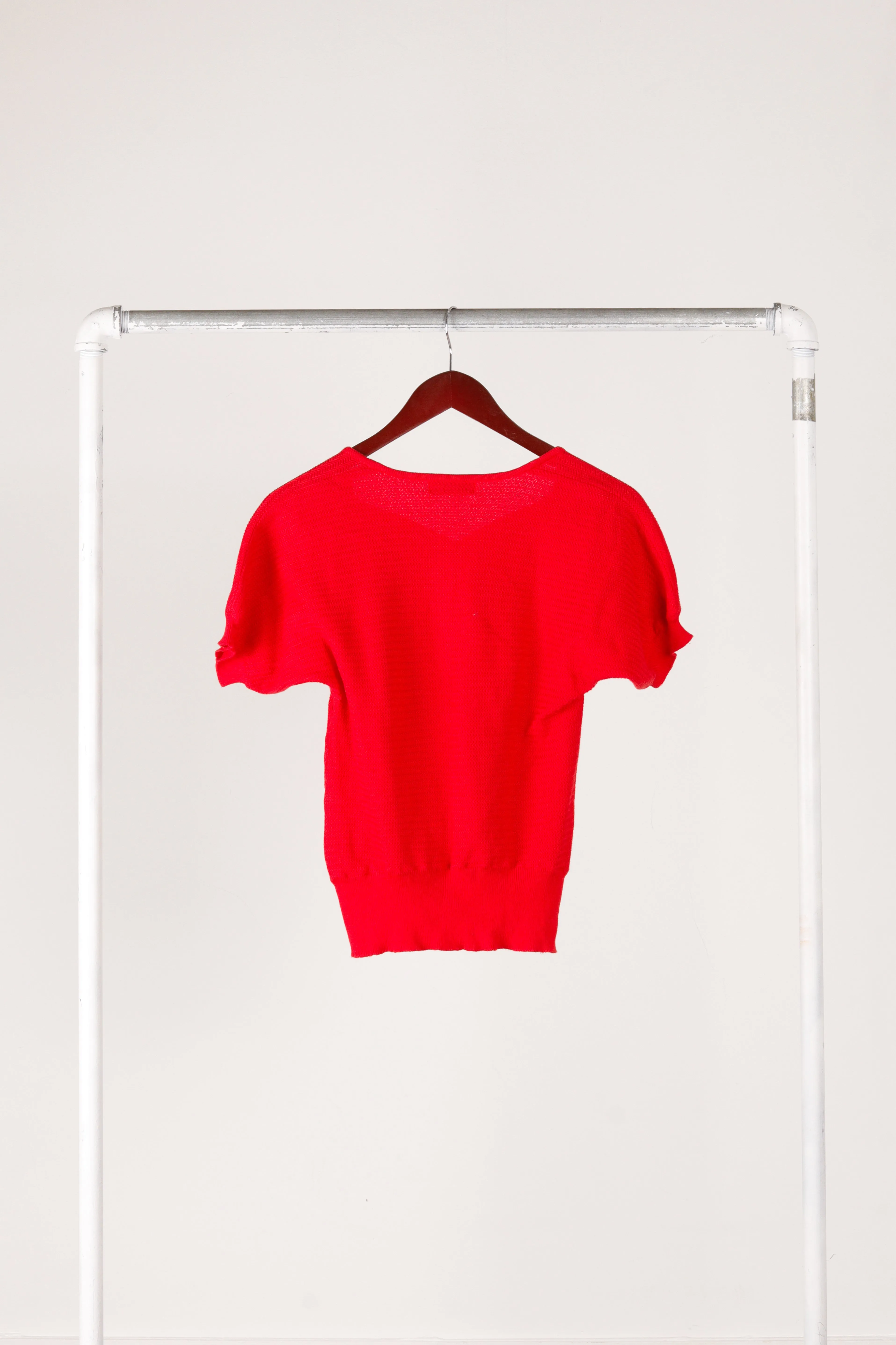 80's Yves Saint Laurent Womens 'Twill Knit' S/S Sweater Top Red