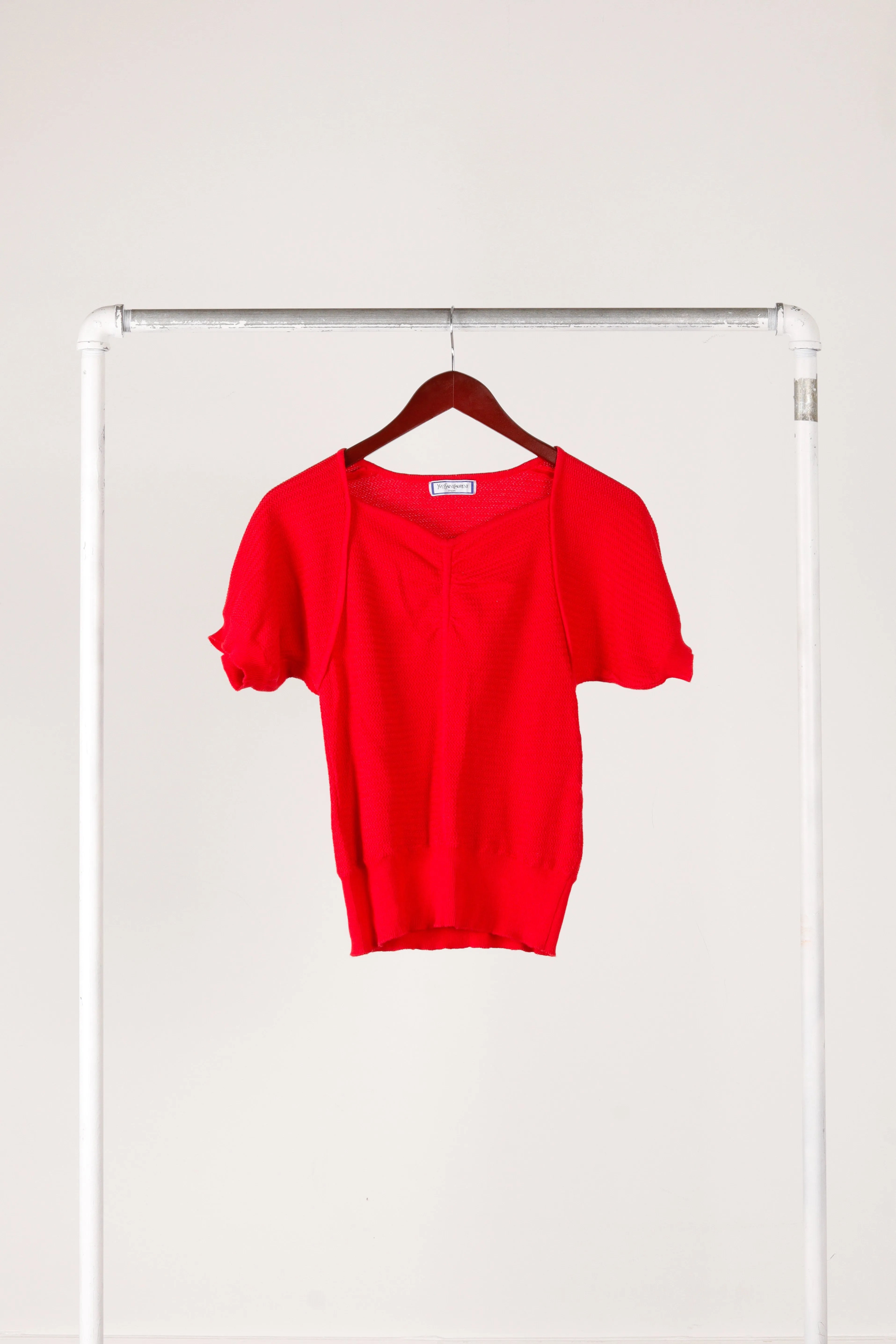80's Yves Saint Laurent Womens 'Twill Knit' S/S Sweater Top Red