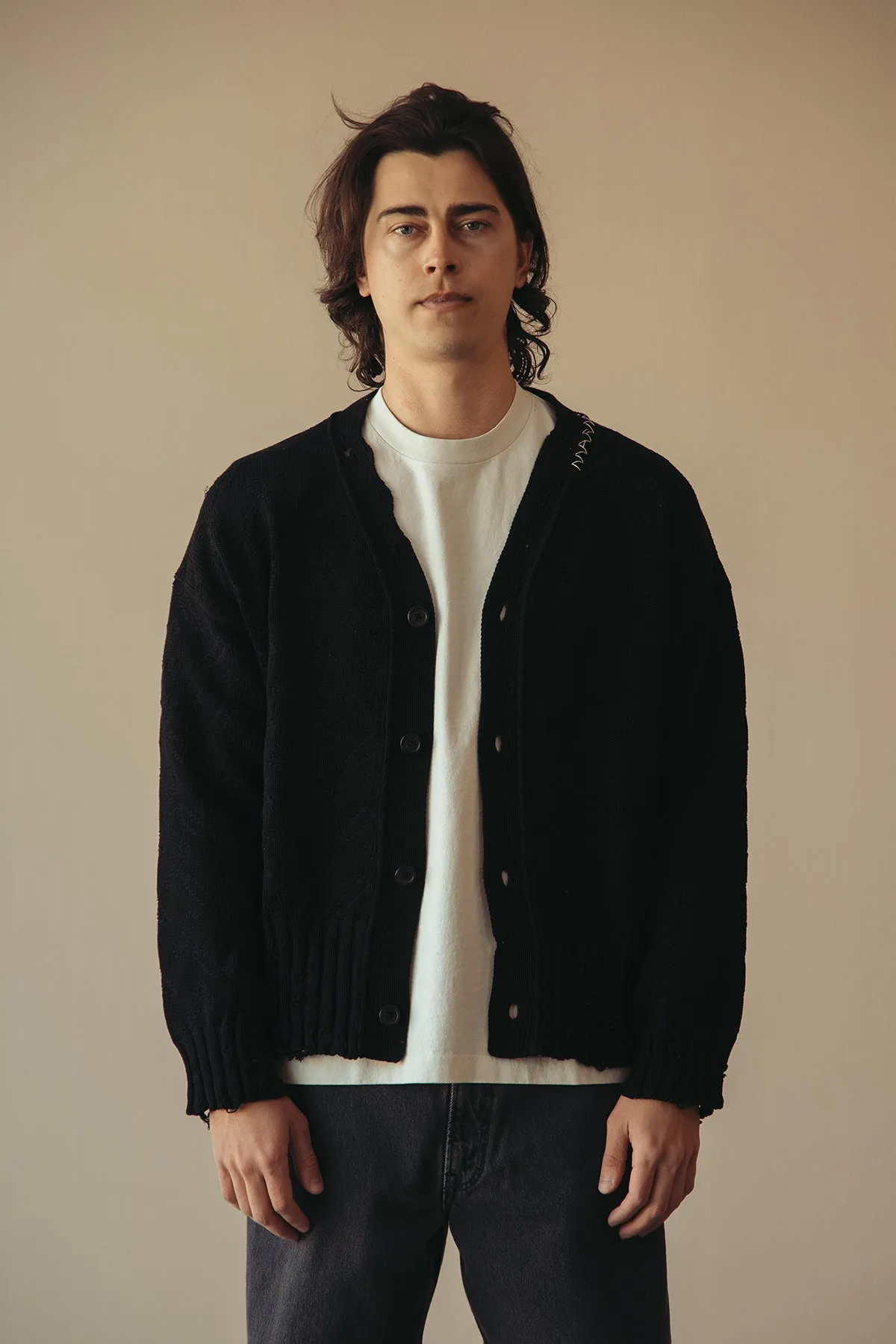Jacquard Dishevelled Cotton 5G Cardigan - Black
