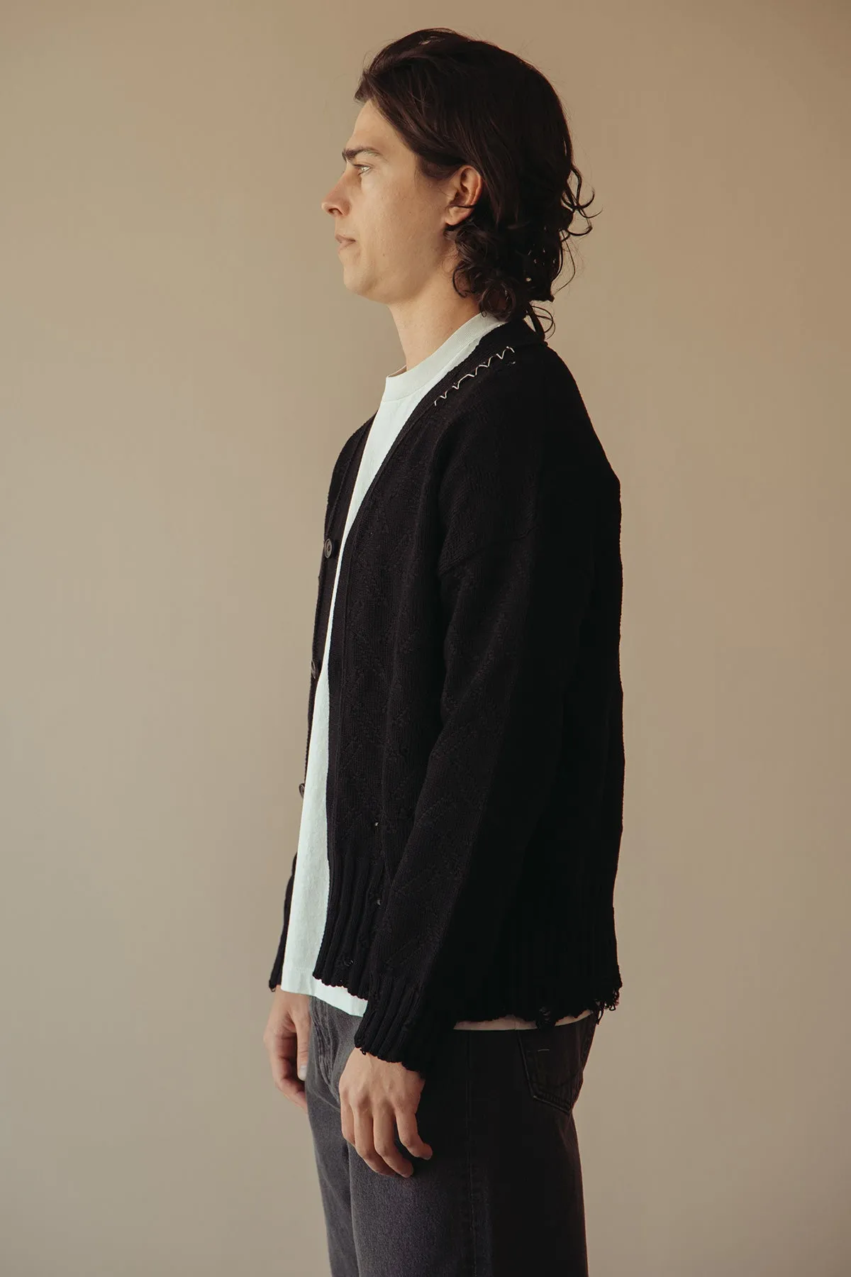 Jacquard Dishevelled Cotton 5G Cardigan - Black