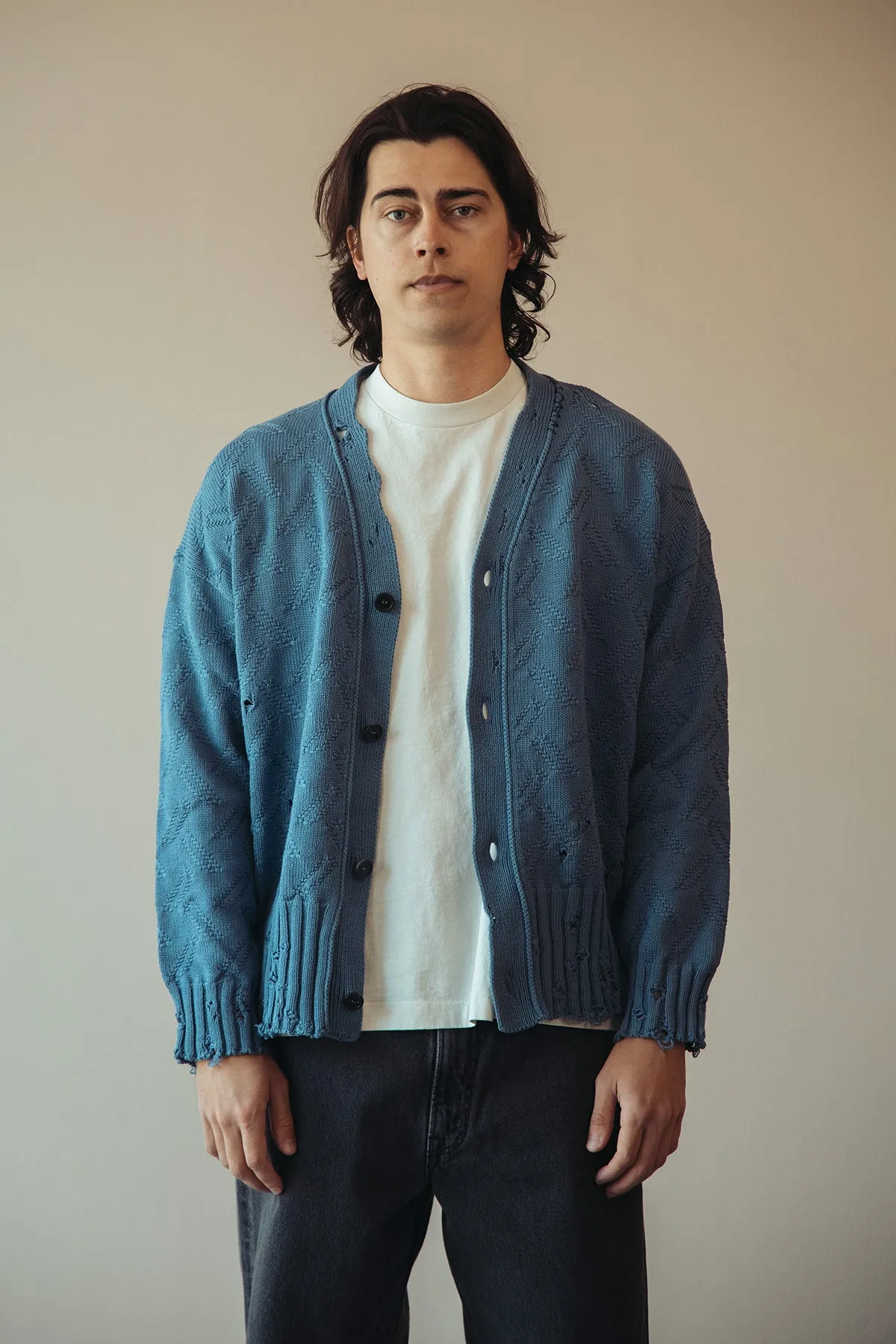 Jacquard Dishevelled Cotton 5G Cardigan - Sapphire Blue