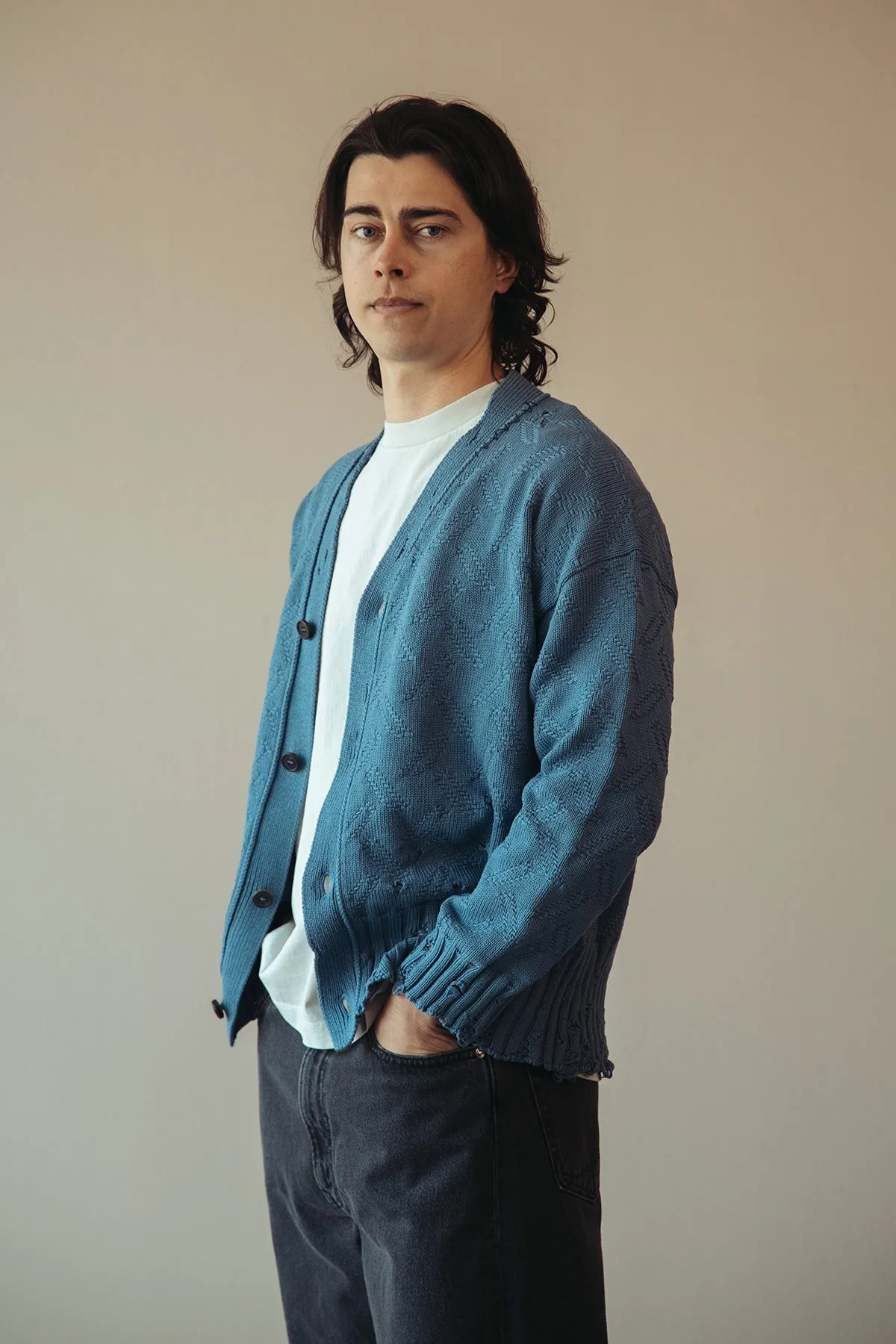 Jacquard Dishevelled Cotton 5G Cardigan - Sapphire Blue
