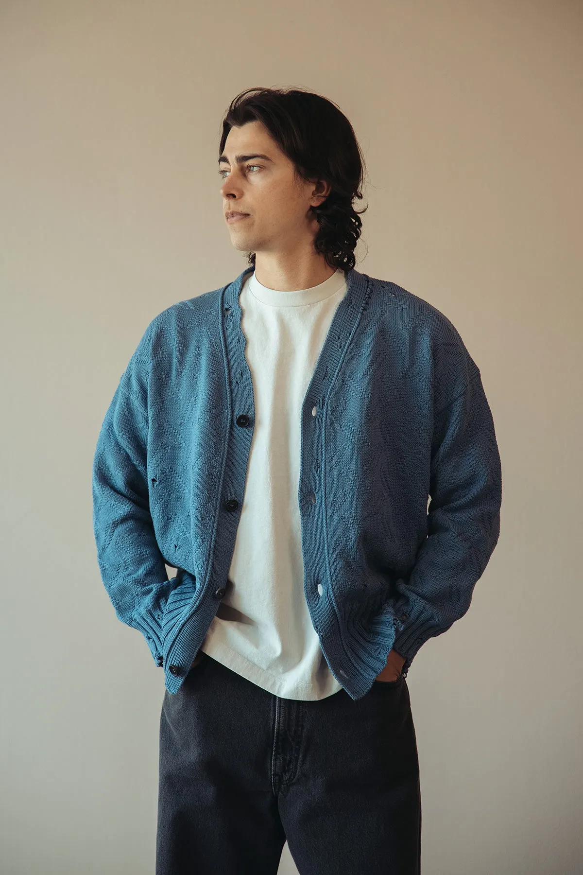Jacquard Dishevelled Cotton 5G Cardigan - Sapphire Blue