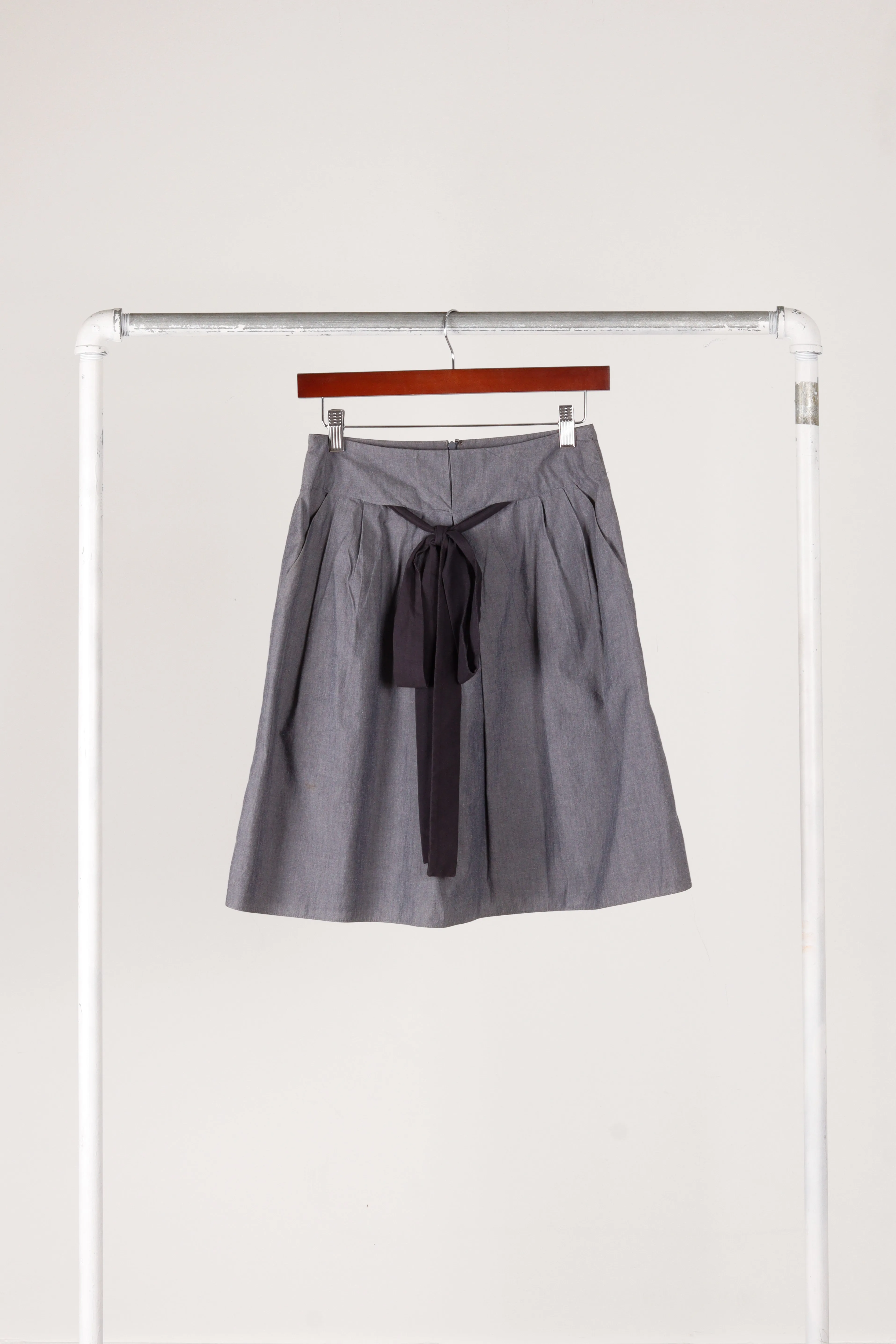 Marni 'Bow Waist Chambray' A-Line Midi Skirt Grey