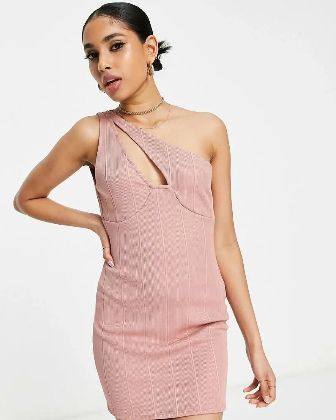 Miss Selfridge One Shoulder Bandage Dress in Camel-Pink