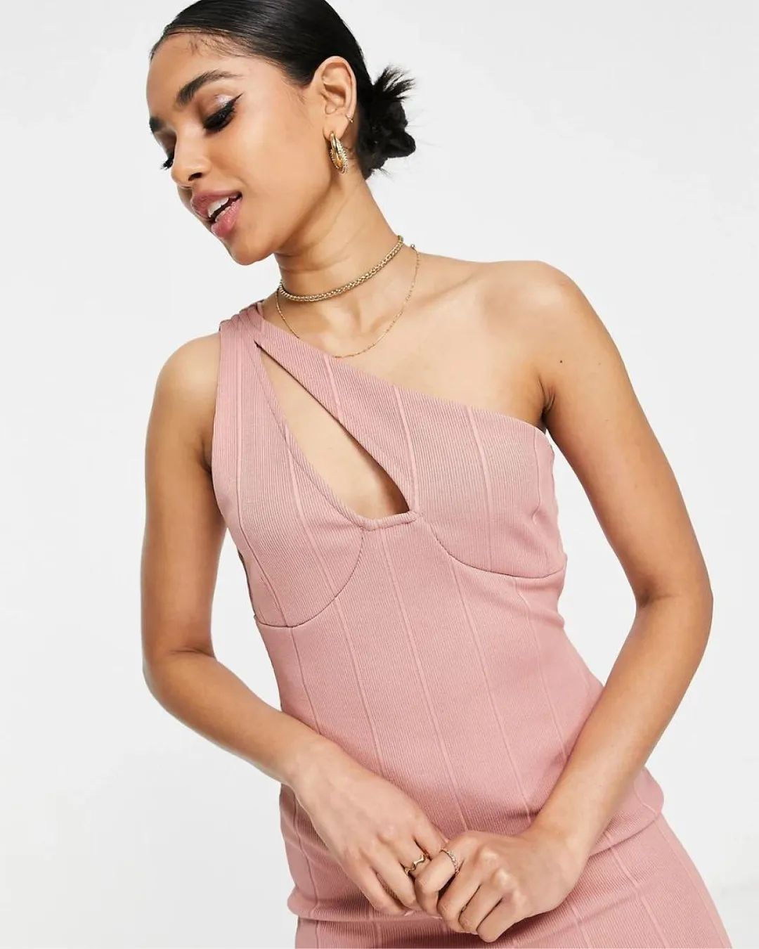 Miss Selfridge One Shoulder Bandage Dress in Camel-Pink
