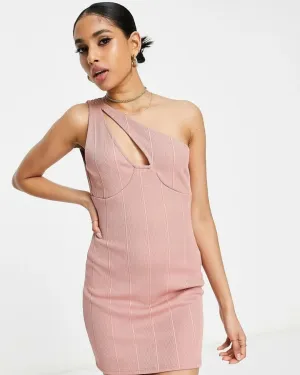 Miss Selfridge One Shoulder Bandage Dress in Camel-Pink