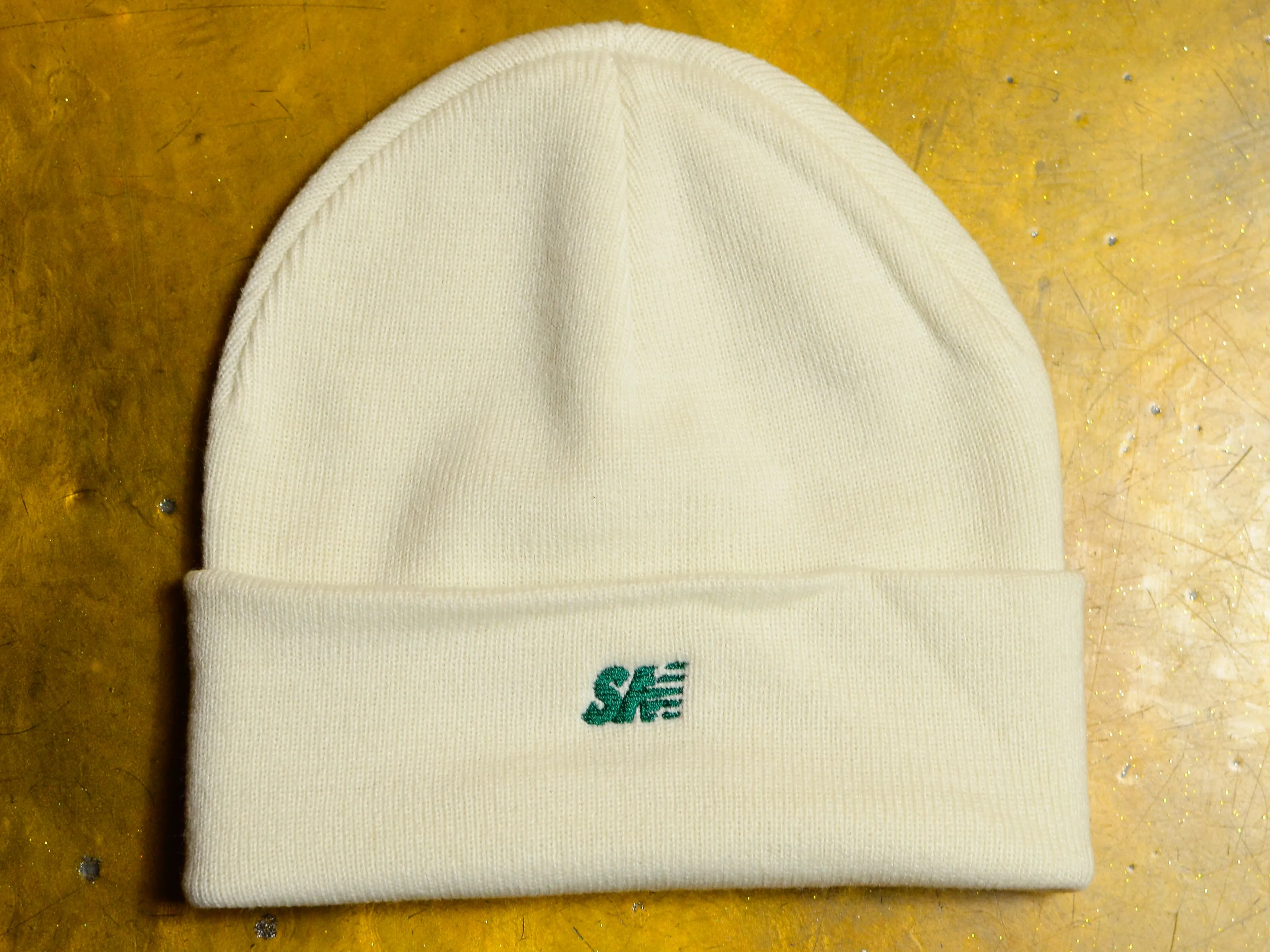 SM Classic Micro Embroidered Cuff Beanie - Ecru / Forest
