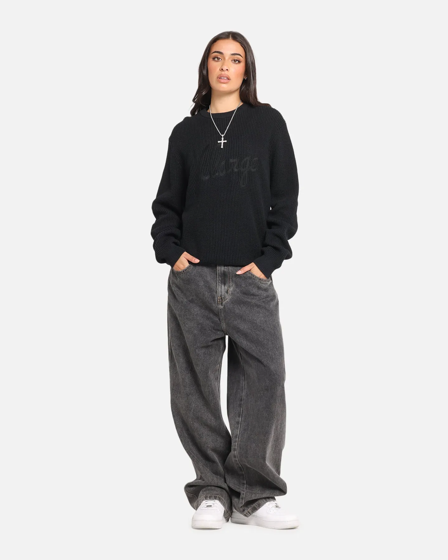 X-Large Script Waffle Knit Sweater Black