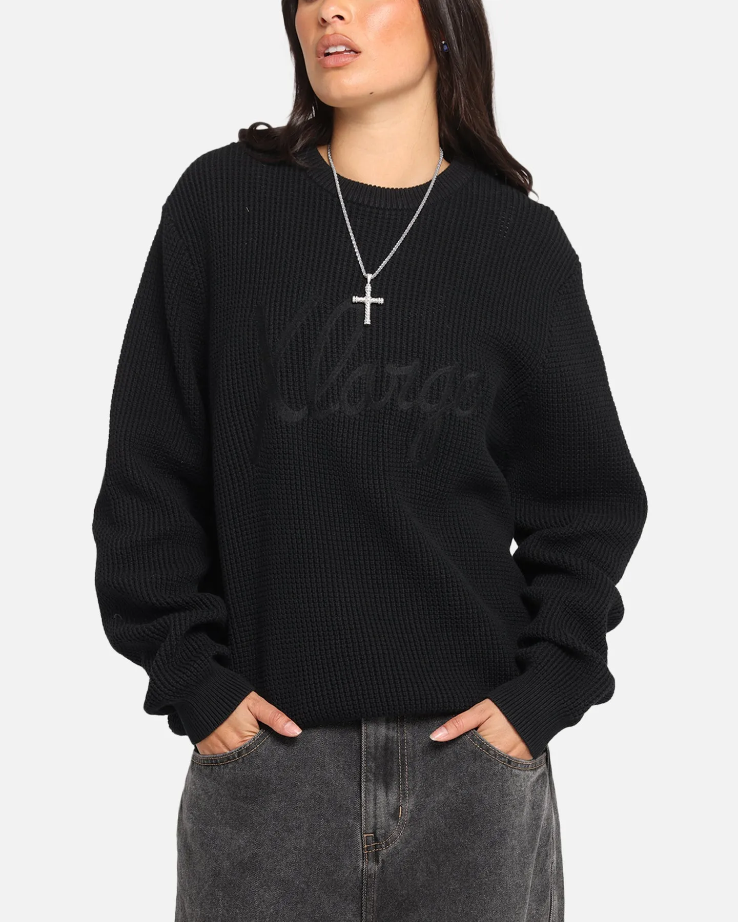 X-Large Script Waffle Knit Sweater Black
